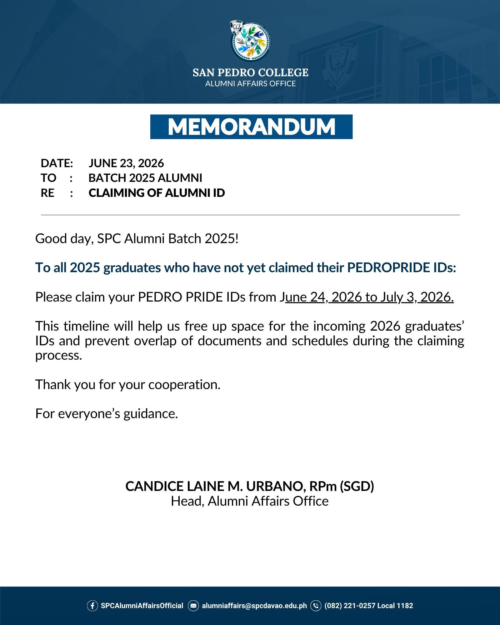 MEMO-CLAIMING OF ALUMNI ID