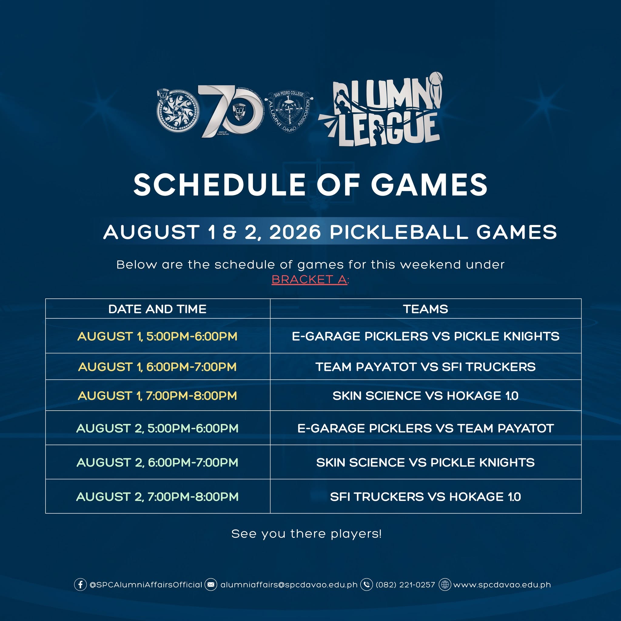Schedule of Games August 1 & 2, 2026 B-A