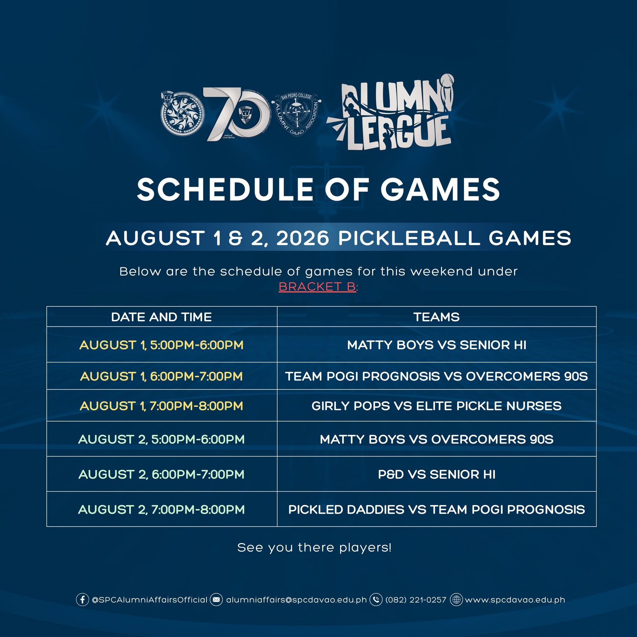Schedule of Games August 1 & 2, 2026 B-B