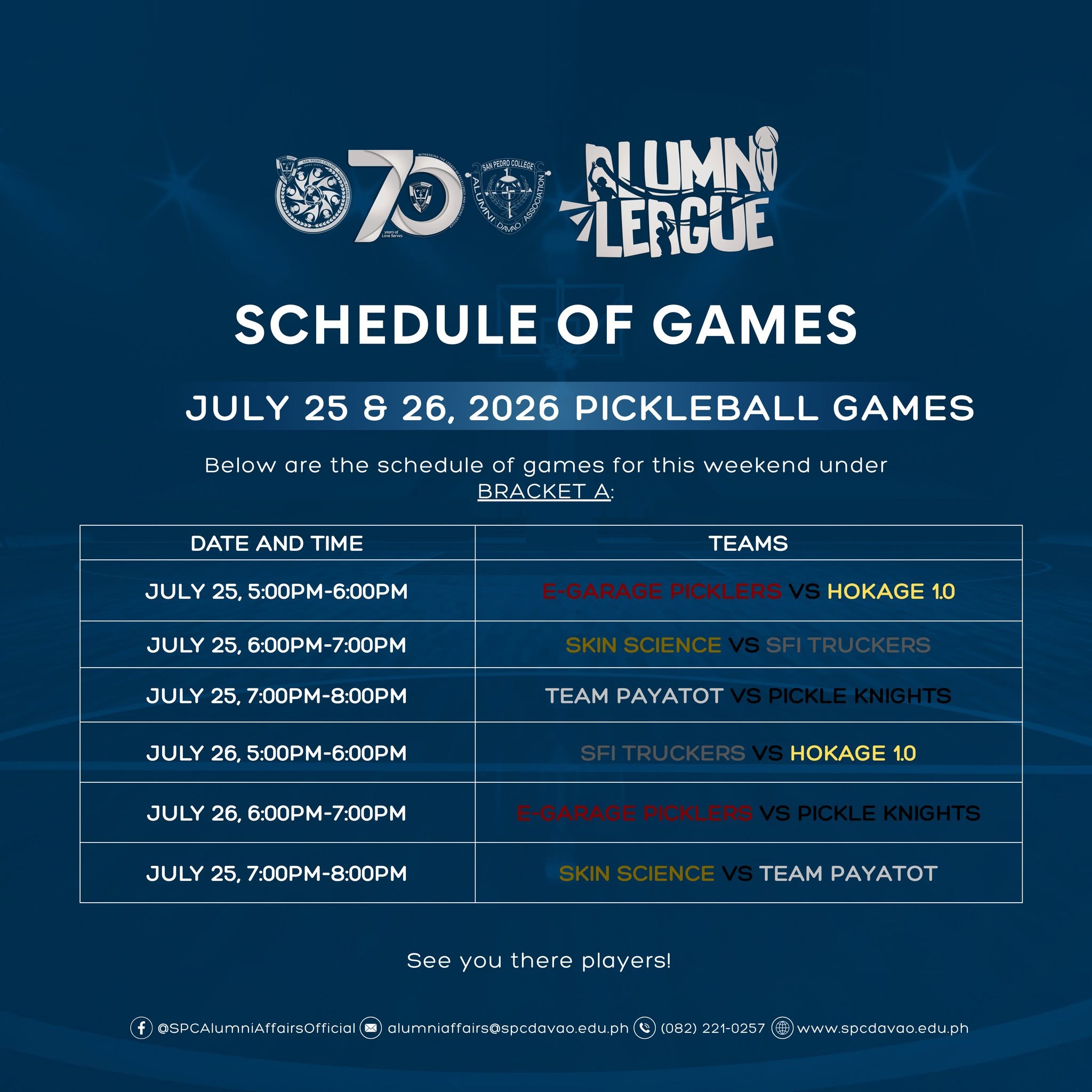 Schedule of Games July 25 & 26, 2026 B-A