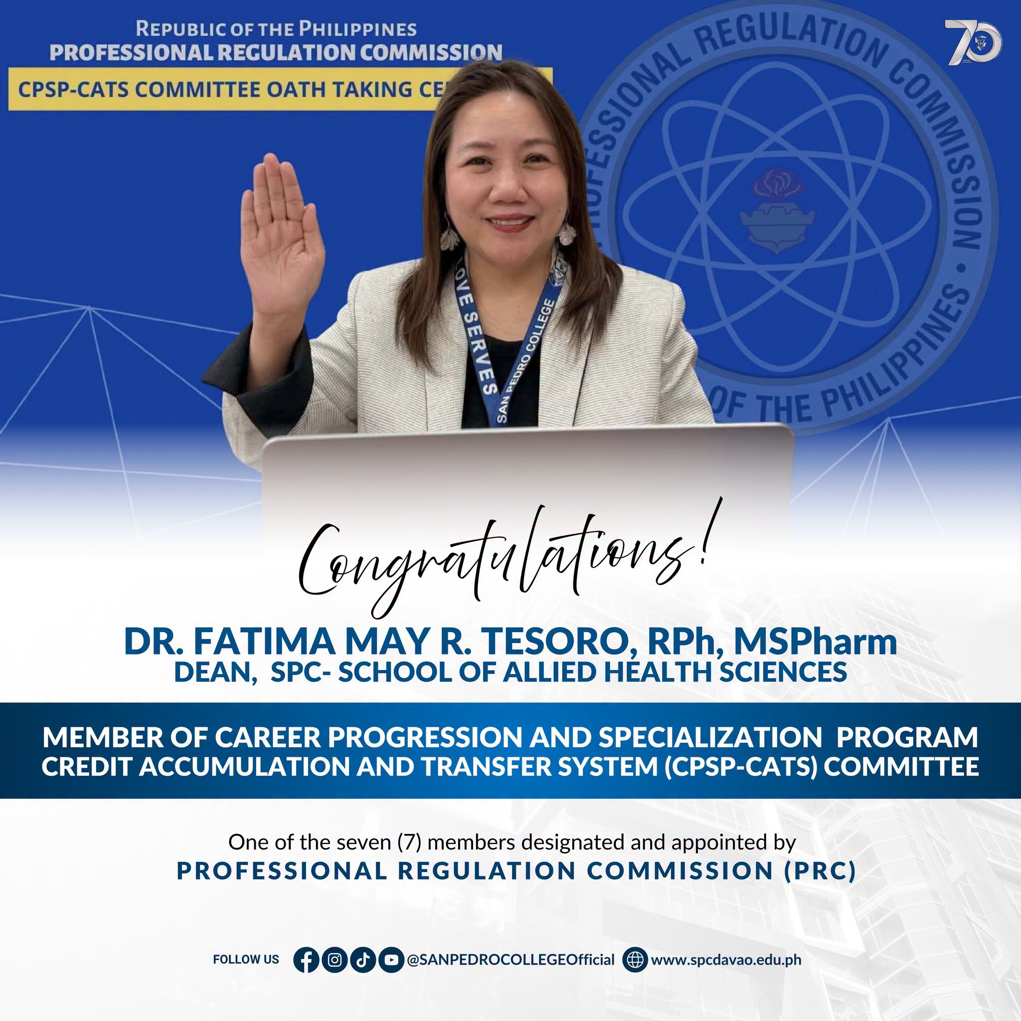 SPC CONGRATULATES DR. FATIMA MAY R. TESORO ON APPOINTMENT TO THE PRC CPSP-CATS COMMITTEE